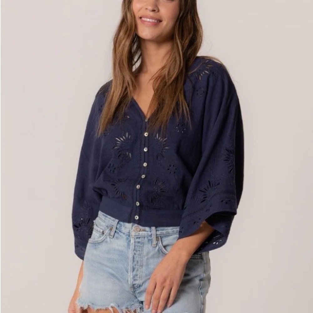 Lovestitch Large Along the Coast Navy Blue Women's Blouse Paisley Cinched Waist